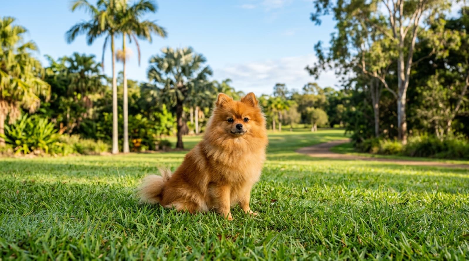 A small fluffy orange Pomeranian with a foxy face sitting on green grass in a sunny Gold Coast park, representing the toy-breed dogs available for adoption across Queensland rescues