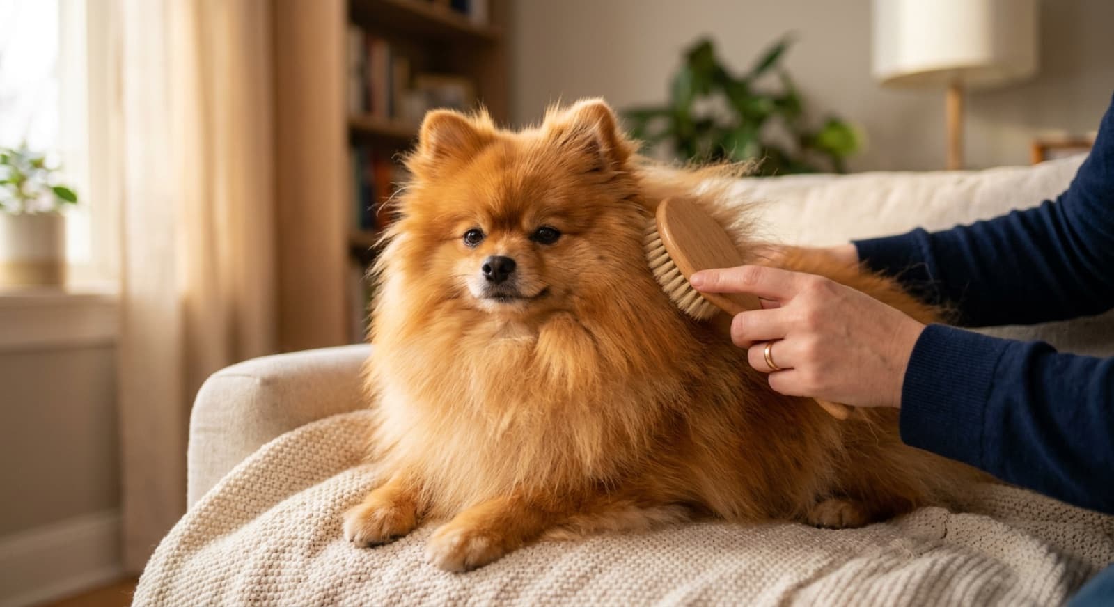 A fluffy orange Pomeranian being gently brushed, representing double-coat grooming and heat care for the breed in Brisbane