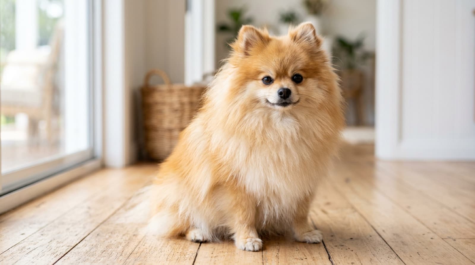 A fluffy orange Pomeranian being gently brushed, representing double-coat grooming and heat care for the breed on the Gold Coast