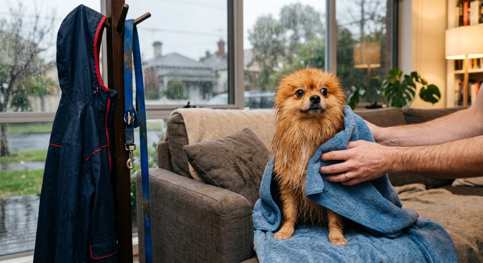 A damp orange Pomeranian being towel-dried on a sofa after a rainy Melbourne walk, with a dog raincoat and lead hanging by the window