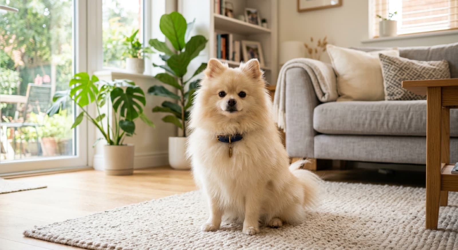 A healthy adult Pomeranian sitting alert indoors in a bright Australian home, representing good long-term health management of the toy breed in Brisbane