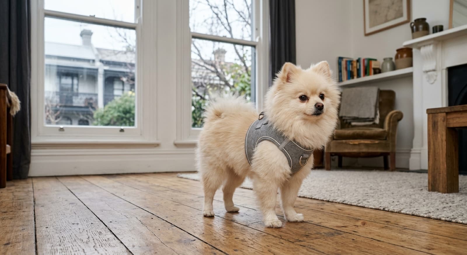 A cream Pomeranian wearing a soft grey harness on the timber floor of a Melbourne terrace house, the harness being the simple habit that protects the breed's windpipe
