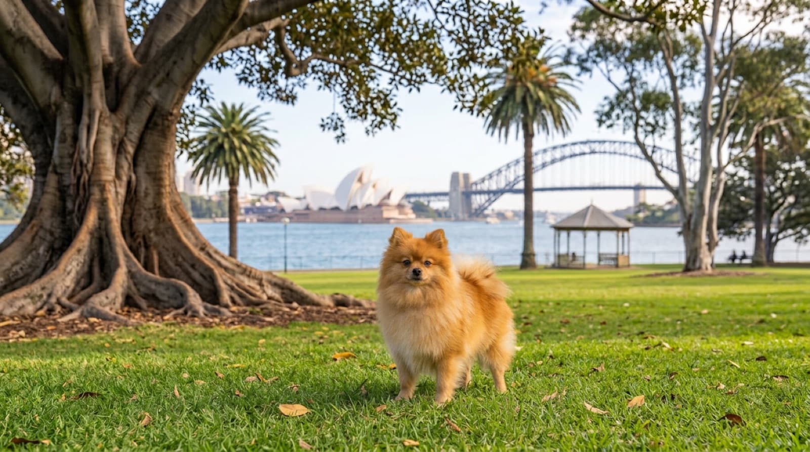 A healthy Pomeranian sitting on a Sydney lawn, illustrating the breed health issues rescue adopters should plan for