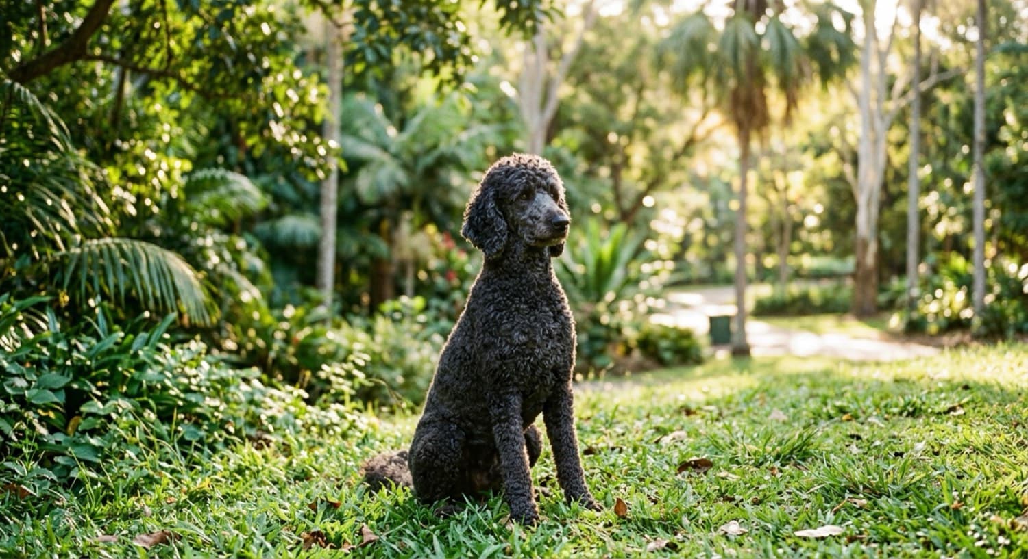 A curly-coated poodle sitting on green grass in a sunny Brisbane park, representing the rescue Poodles and Poodle crosses available for adoption across Queensland
