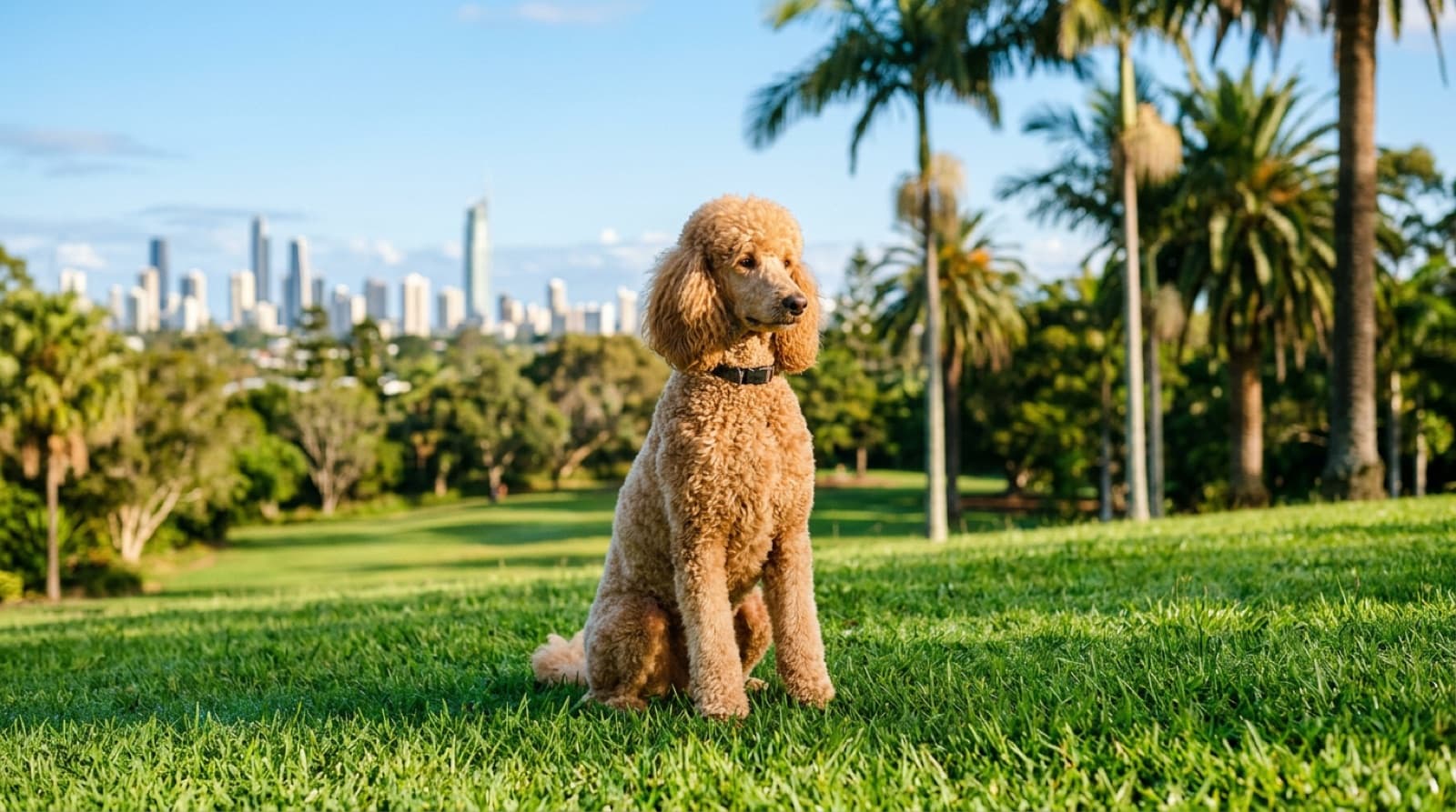 A curly-coated poodle sitting on green grass in a sunny Gold Coast park, representing the rescue Poodles and Poodle crosses available for adoption across Queensland