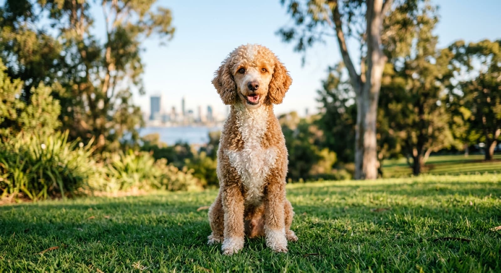 A curly-coated poodle sitting on green grass in a sunny Perth park, representing the rescue Poodles and Poodle crosses available for adoption across Western Australia
