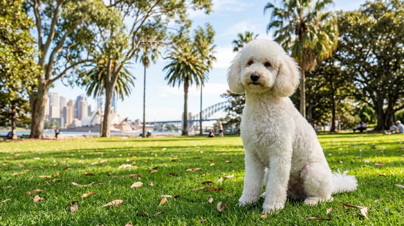 A freshly clipped apricot Poodle in a neat short pet clip standing on a Sydney park lawn, illustrating the practical low-maintenance coat length for a pet Poodle