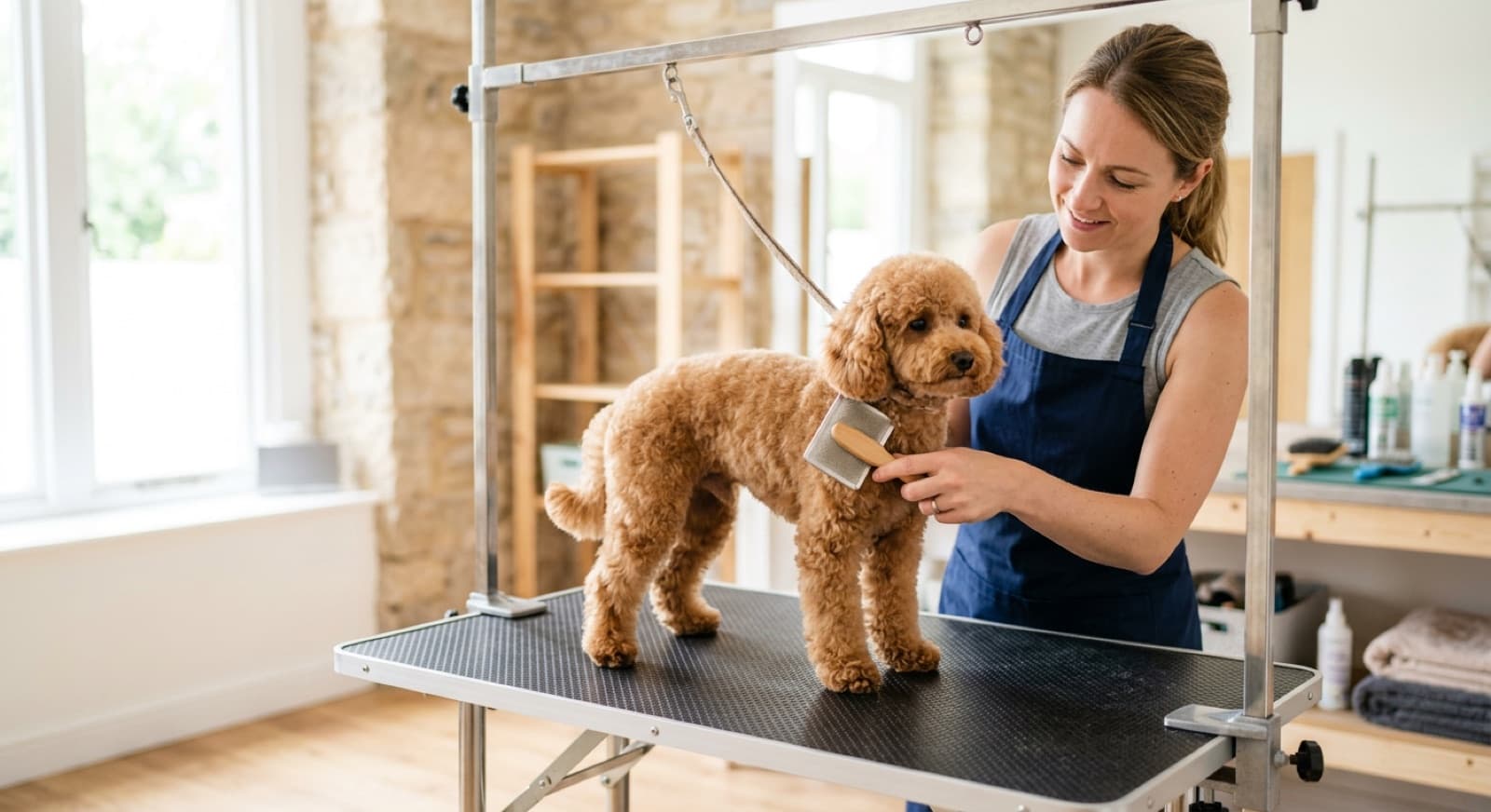 A poodle being brushed and groomed, showing the curly coat that must be clipped regularly to prevent matting, relevant to Poodle owners in Brisbane