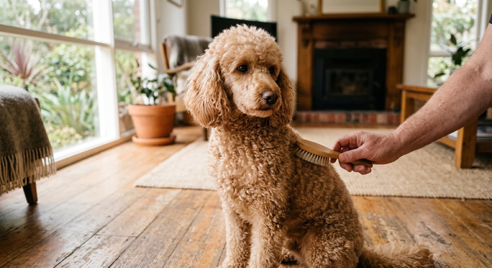 A poodle being groomed and brushed, showing the curly coat that must be clipped regularly, part of caring for the breed in Perth