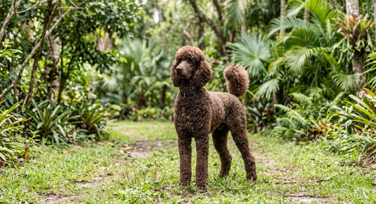 An alert, healthy poodle standing outdoors, illustrating a guide to the health conditions Poodle owners in Brisbane should know by size