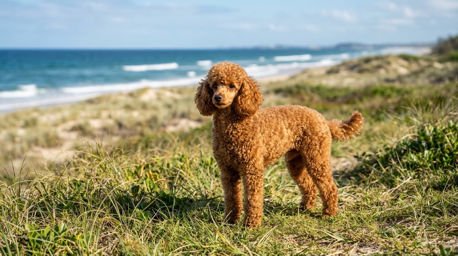 An alert, healthy poodle standing outdoors, illustrating a guide to the health conditions Poodle owners on the Gold Coast should know by size