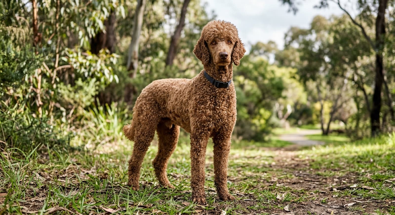 A healthy poodle standing alert outdoors in Perth, representing good health management of the breed across its three sizes