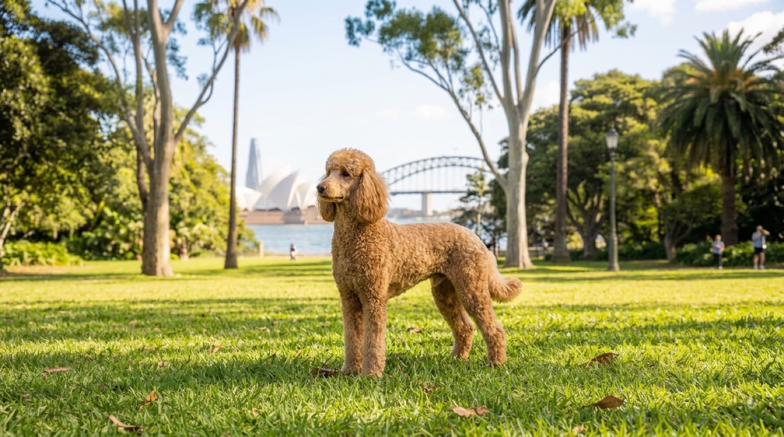 A healthy, lean black Standard Poodle standing on grass in a shaded Sydney backyard, representing the good body condition and care that Poodle health depends on