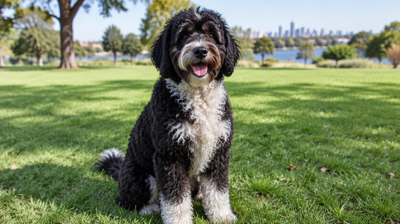 A medium curly-coated Portuguese Water Dog standing alert on grass in a sunny Brisbane park, representing the active working dogs occasionally available for adoption across Brisbane and Queensland rescues