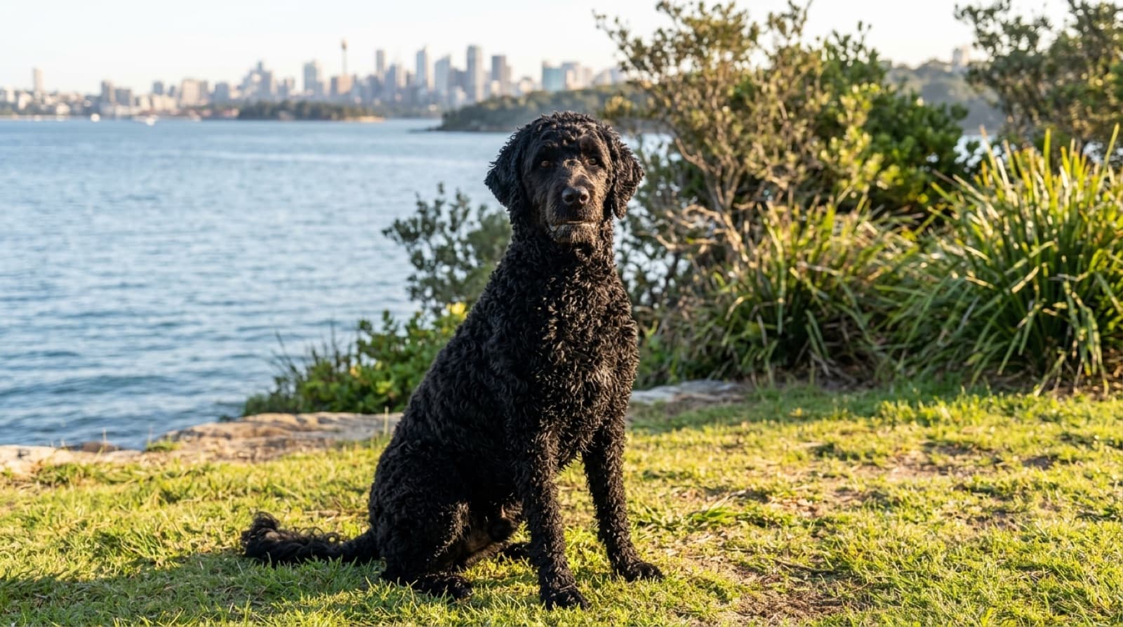 A black curly-coated Portuguese Water Dog standing alert and wet at the edge of a Sydney harbour beach, representing the athletic water-loving working breed that turns up for adoption across Sydney and NSW rescues