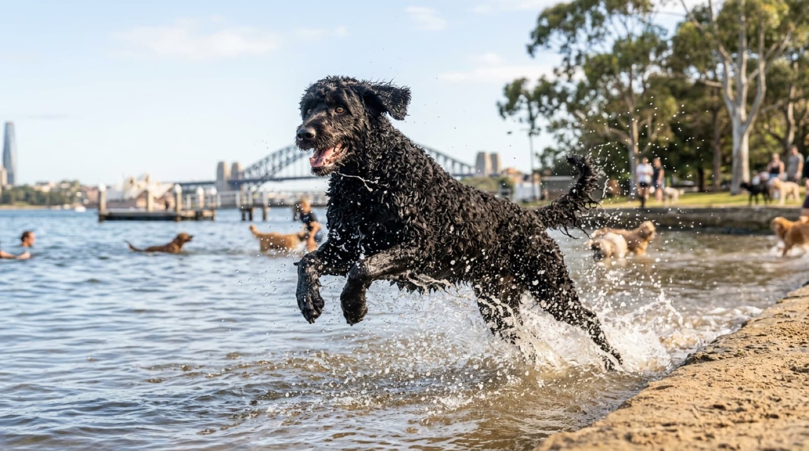 An athletic curly-coated Portuguese Water Dog swimming and retrieving in calm water at a Sydney dog-friendly beach on a bright morning, illustrating swimming as the ideal low-impact exercise for this working water breed