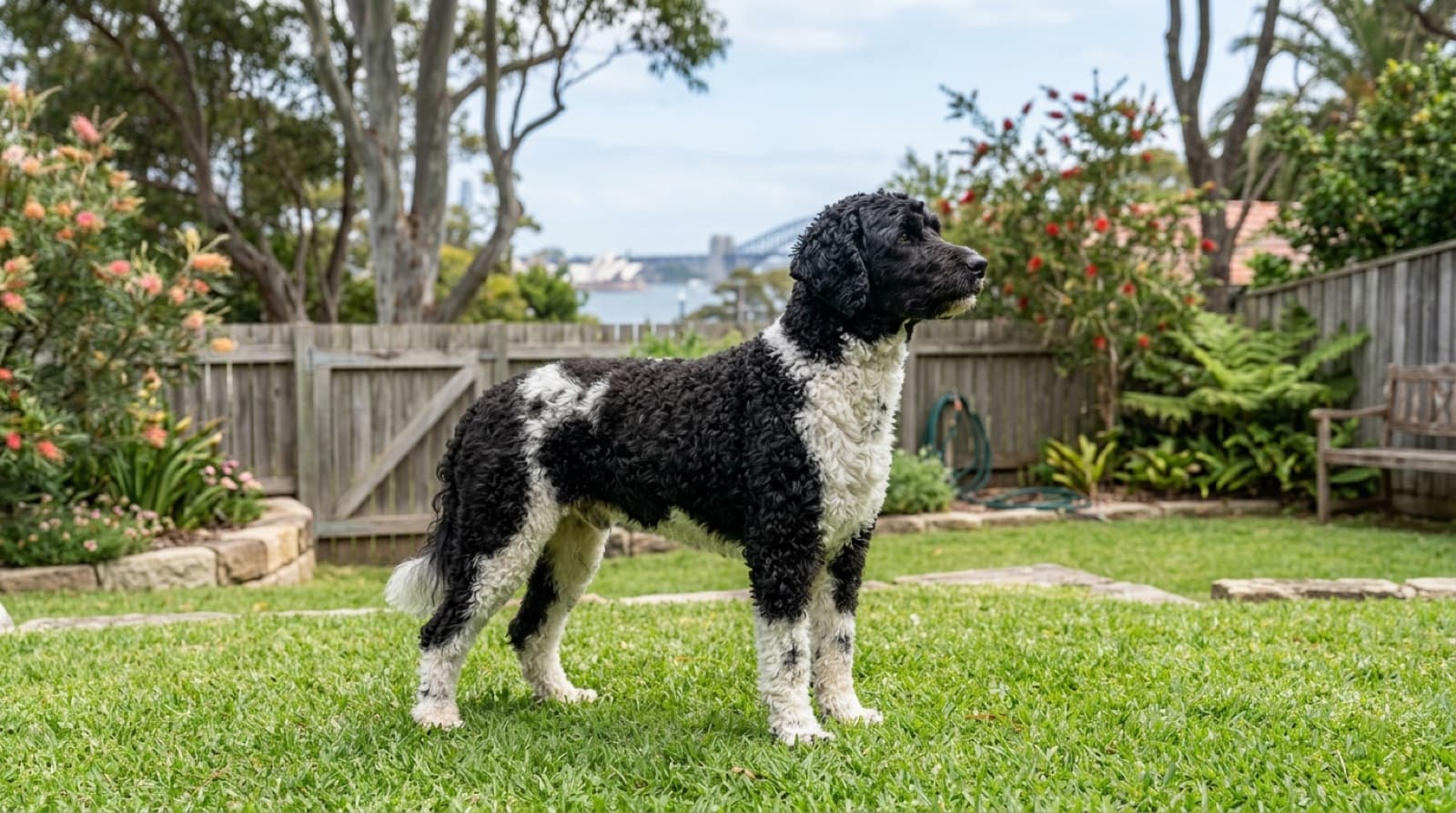 A curly-coated black Portuguese Water Dog standing wet and alert at the edge of a Sydney harbour beach, a hardy athletic working breed bred for the water