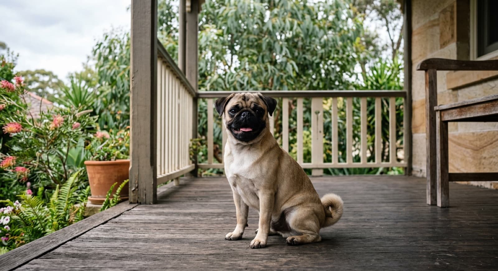 A fawn Pug with a wrinkled flat face, curled tail and bright, affectionate expression sitting on a shaded grassy Brisbane park lawn, representing the charming but health-sensitive companion breed that turns up for adoption across Brisbane and Queensland rescues