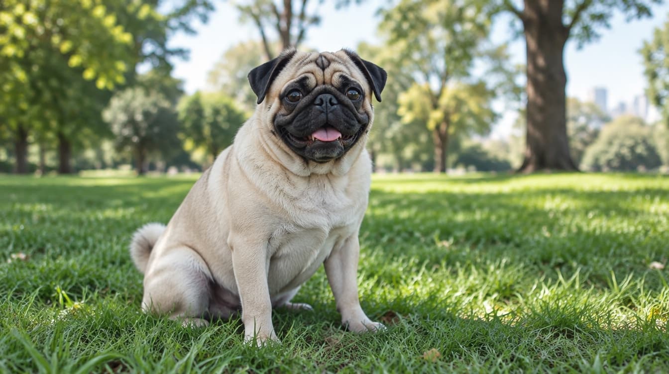 A fawn pug sitting on the grass in a Melbourne park, representing the rescue Pugs available for adoption across Victoria