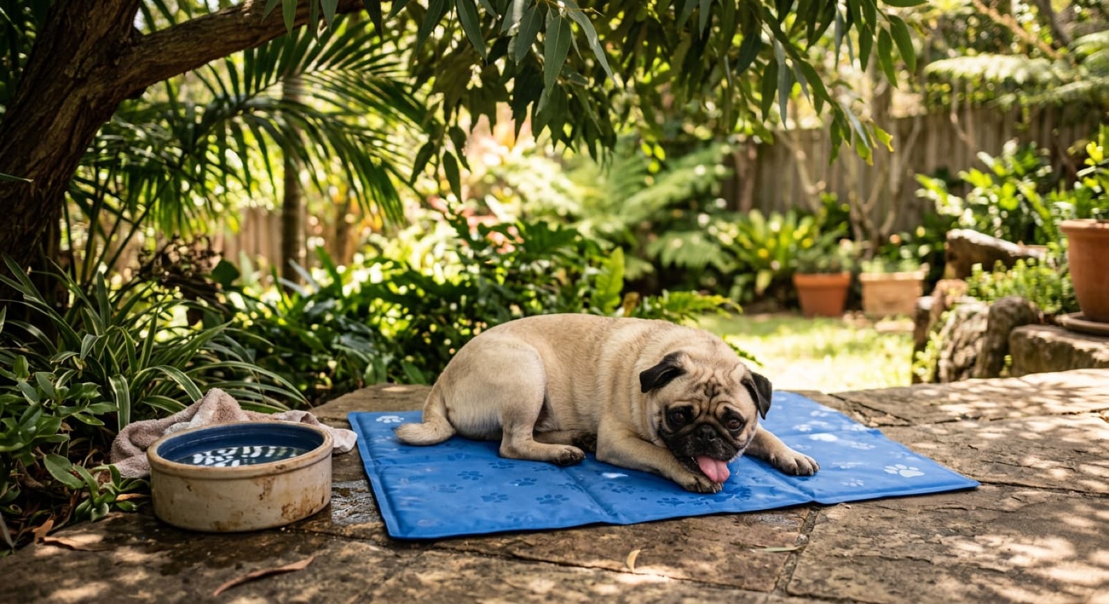 A fawn Pug with a flat face and curled tail resting in the shade on a warm Brisbane day, panting gently beside a bowl of water