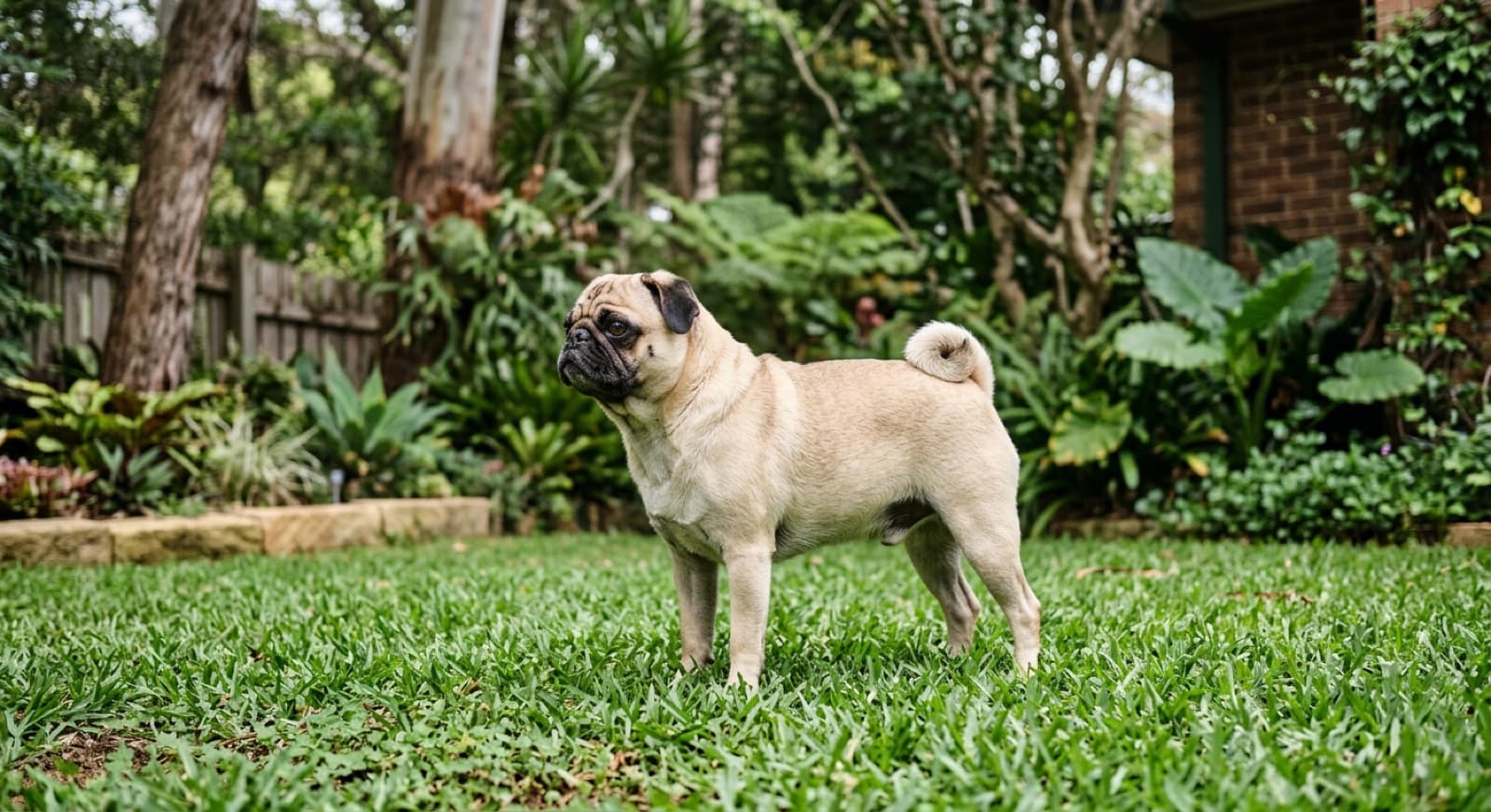 A fawn Pug with a wrinkled face and dark mask sitting in the shade of a Gold Coast park on a warm day, a flat-faced breed that needs careful heat and health management