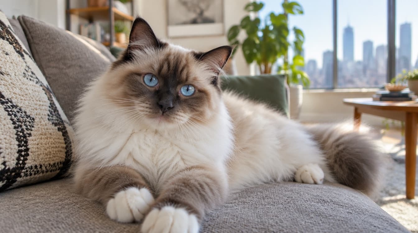 A large colourpoint Ragdoll cat resting on a window seat in an Adelaide home, representing the Ragdoll-type and long-haired cats that occasionally come up for adoption through South Australian rescues