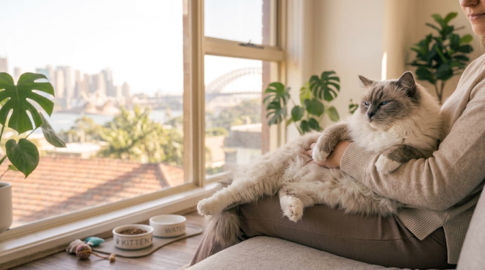 A blue-eyed colourpoint Ragdoll cat relaxing indoors, representing the Ragdolls and Ragdoll crosses that occasionally come up for adoption in Brisbane and Queensland rescues