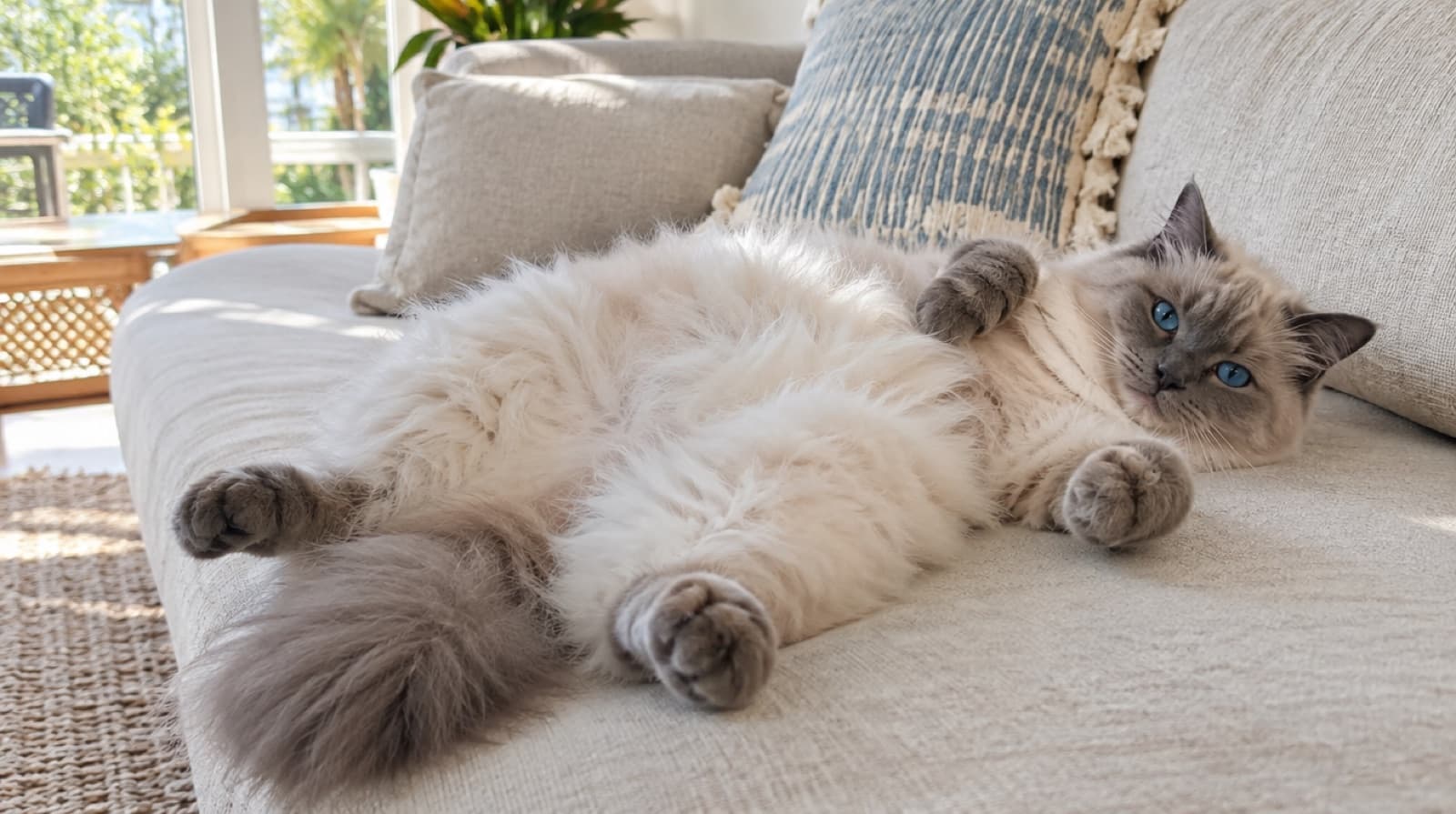A blue-point Ragdoll cat lying relaxed on its back on a linen sofa, pale body, grey-blue face and ears, blue eyes half closed