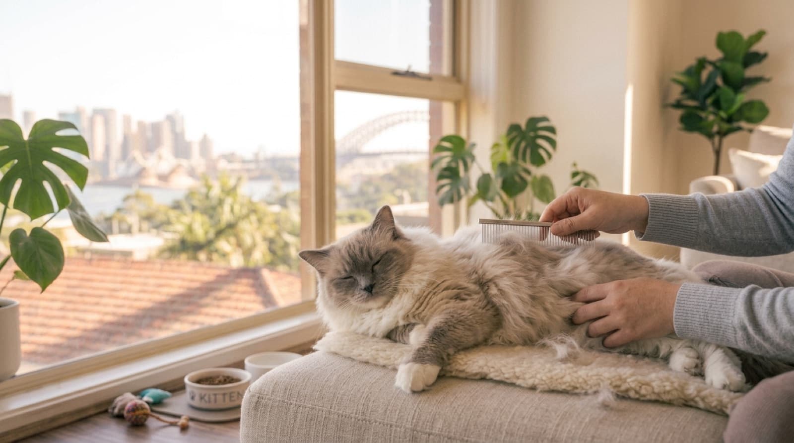 A relaxed, docile Ragdoll cat being held, illustrating the breed's famously gentle temperament and the care it needs for Brisbane owners