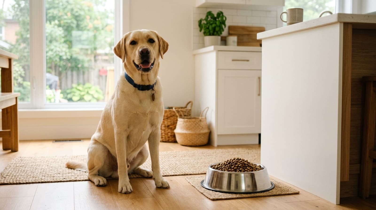 A Labrador with its owner, being rehomed to a new family in NSW