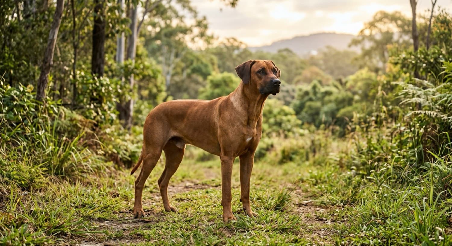 A muscular wheaten Rhodesian Ridgeback standing outdoors, representing the Ridgebacks and Ridgeback crosses available for adoption through Brisbane and Queensland rescue