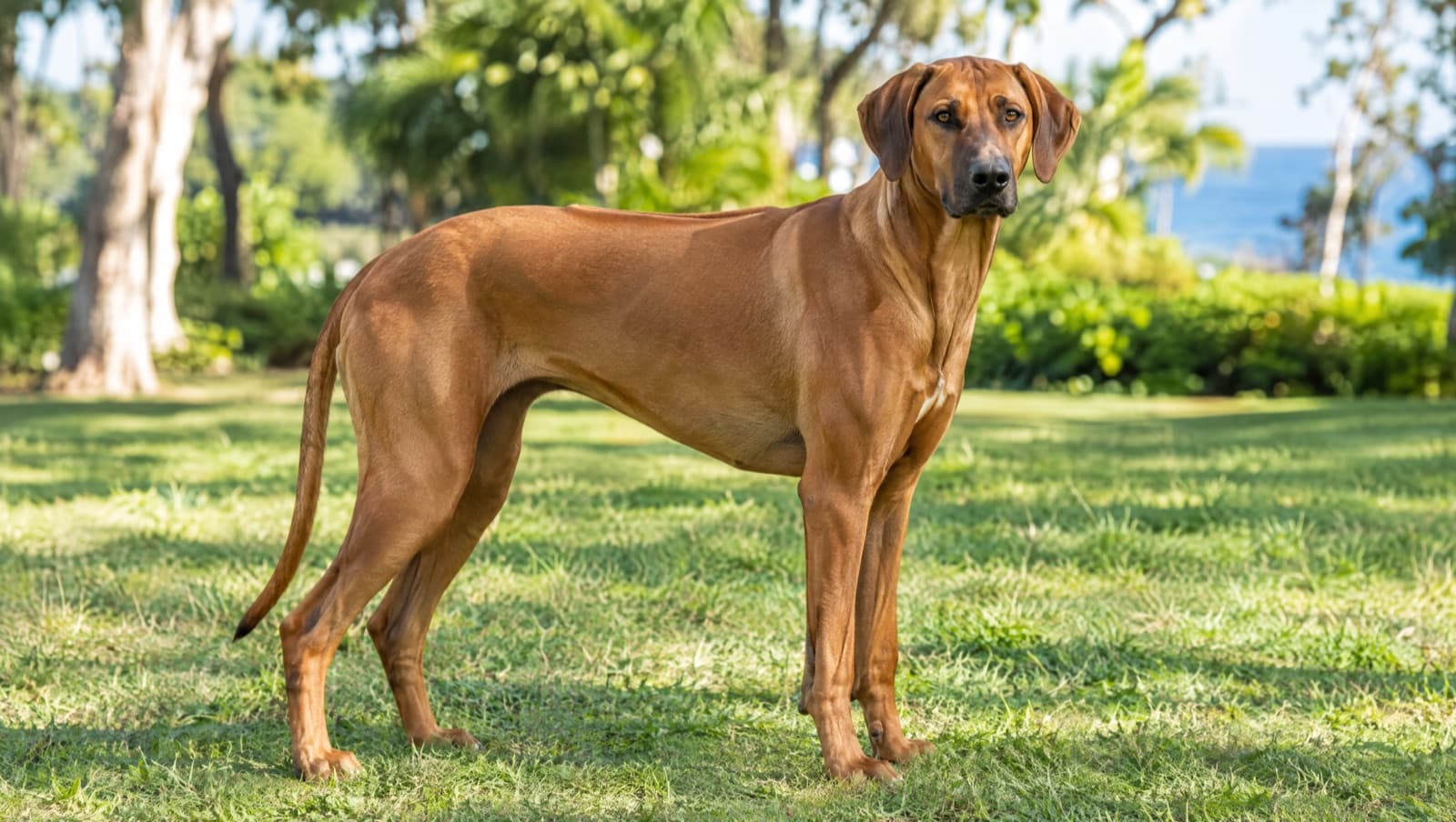 A muscular wheaten Rhodesian Ridgeback with its distinctive dorsal ridge standing on Gold Coast parkland, representing the Ridgebacks and Ridgeback crosses available for adoption through Gold Coast and Queensland rescue