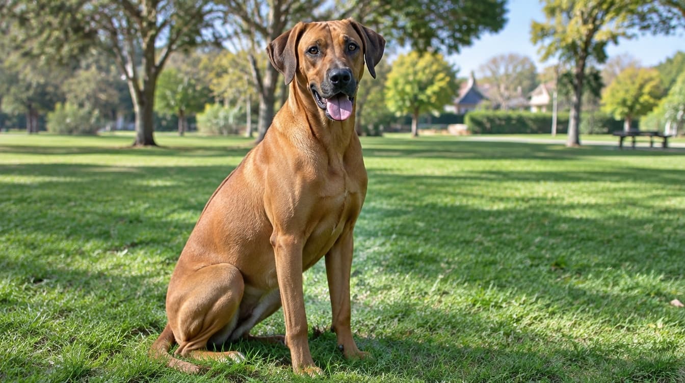 A large red-wheaten Rhodesian Ridgeback sitting on the grass in a Melbourne park, representing the rescue Ridgebacks available for adoption across Victoria
