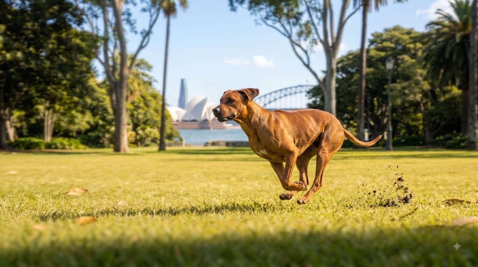 An athletic tan Rhodesian Ridgeback running at full stretch across a fenced Sydney off-leash park, illustrating the exercise and secure space the breed needs