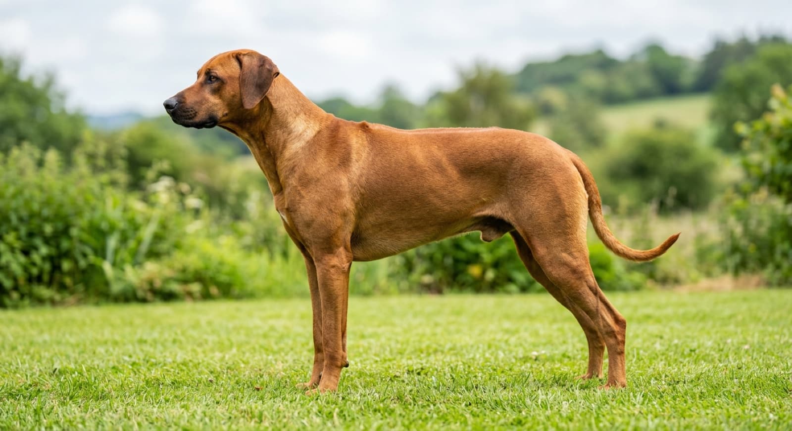 A healthy Rhodesian Ridgeback standing outdoors, illustrating a guide to the breed's health issues for Brisbane owners