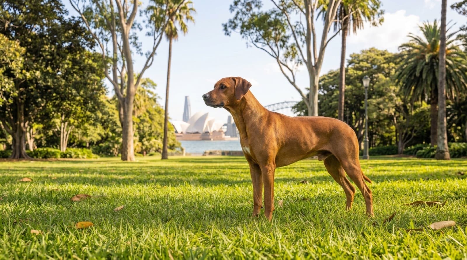 A fit, lean tan Rhodesian Ridgeback standing on a Sydney park lawn on a bright day, illustrating the healthy weight and condition that protects the breed's joints and organs