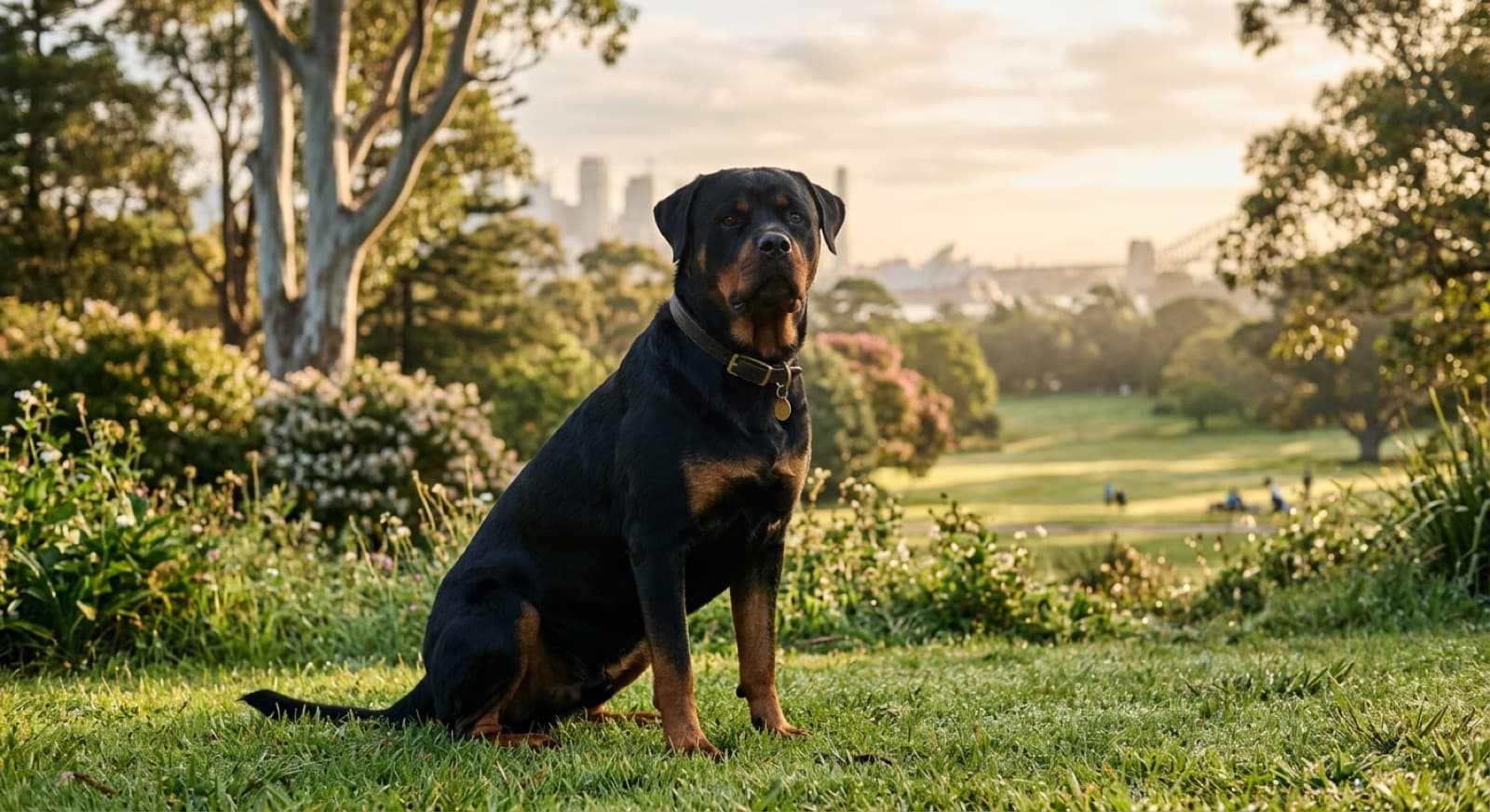 A calm, well-built black-and-tan Rottweiler sitting attentively on a Brisbane parkland lawn, representing the loyal guardian dogs available for adoption in Queensland rescue