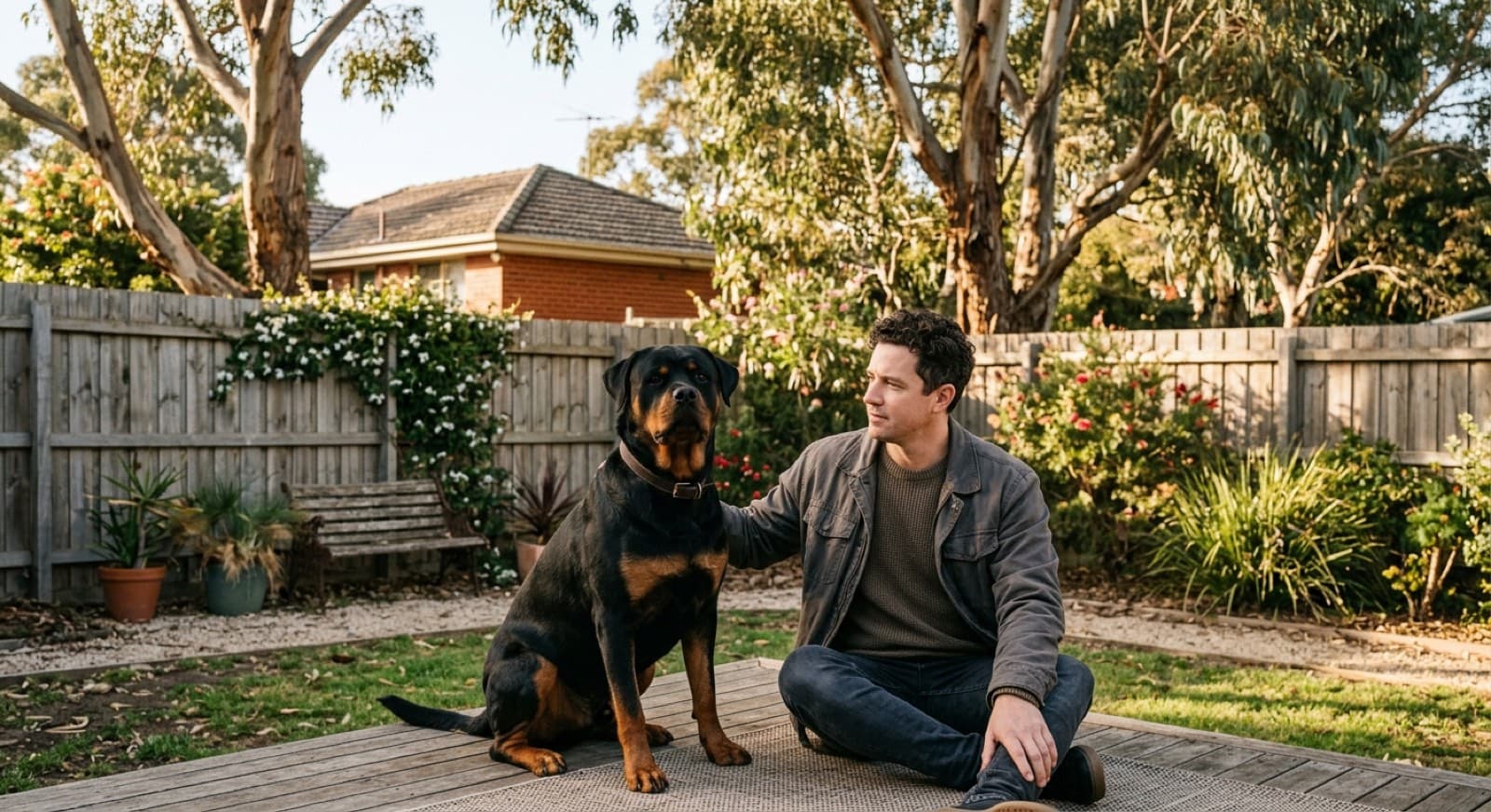 A calm, well-built black-and-tan Rottweiler sitting attentively on a sunny parkland lawn, representing the loyal guardian dogs available for adoption across Perth and WA