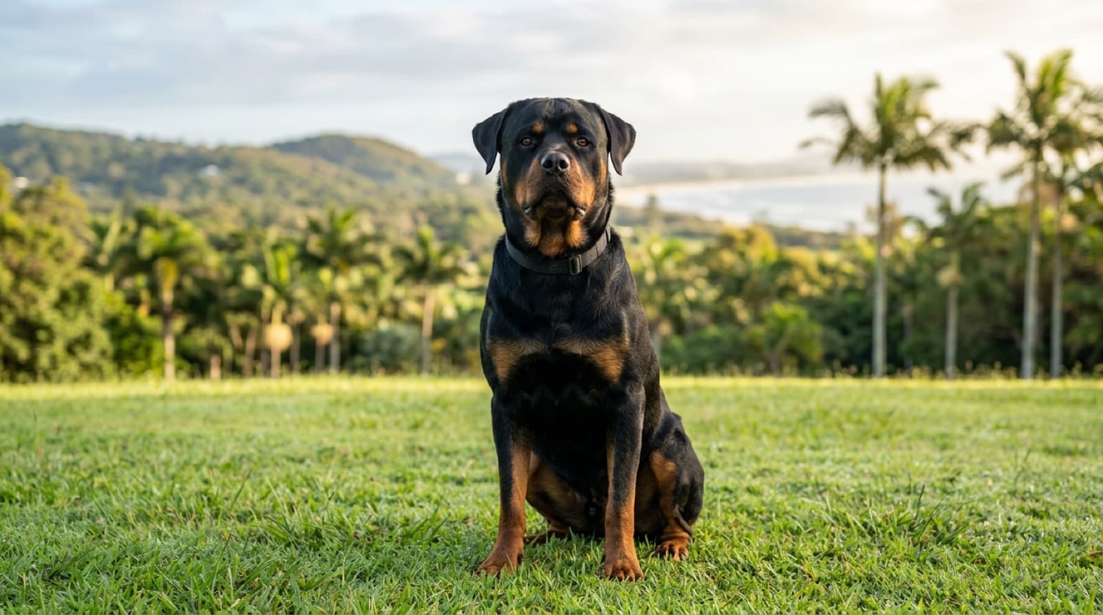 A calm, well-built black-and-tan Rottweiler sitting attentively on a Sunshine Coast parkland lawn, representing the loyal guardian dogs available for adoption in Queensland rescue