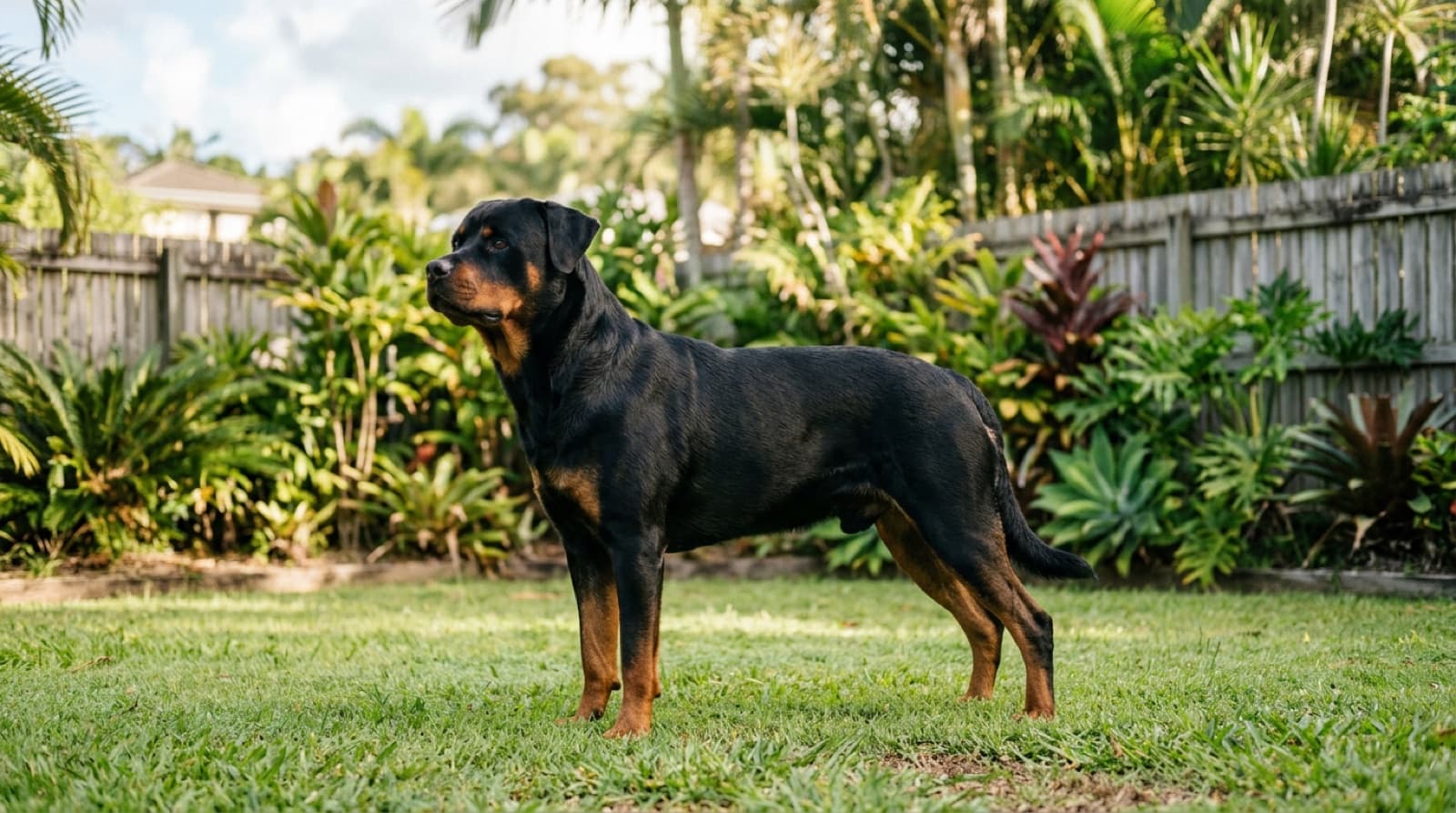 A healthy lean muscular adult Rottweiler standing on grass in a Gold Coast backyard with a glossy black-and-tan coat, representing good body condition in a large breed