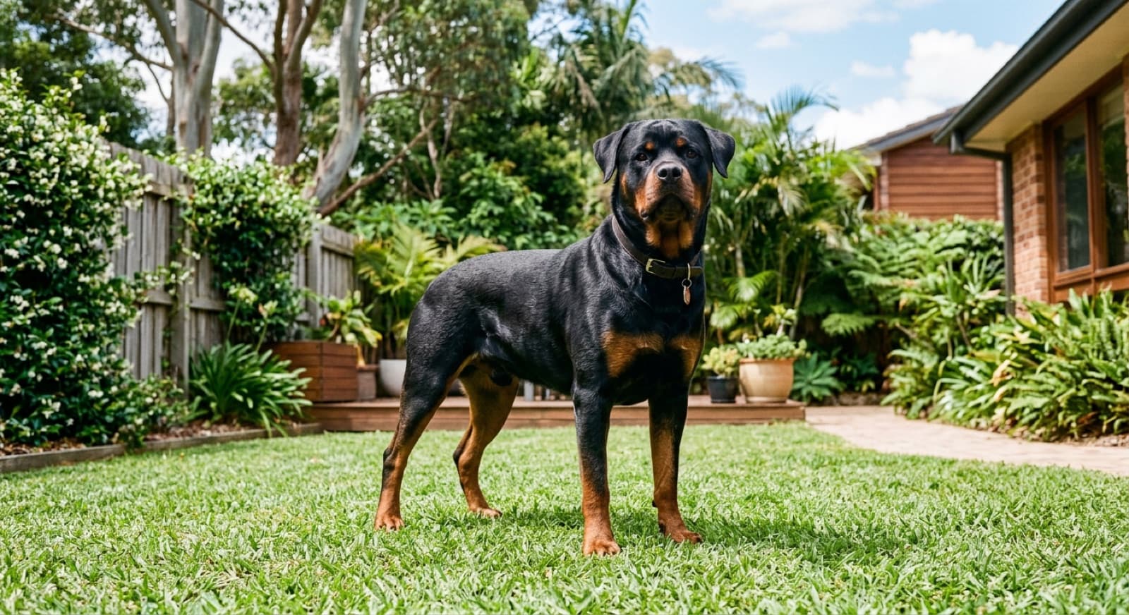 A healthy lean muscular adult Rottweiler standing on grass in a Sydney backyard with a glossy black-and-tan coat, representing good body condition in a large breed