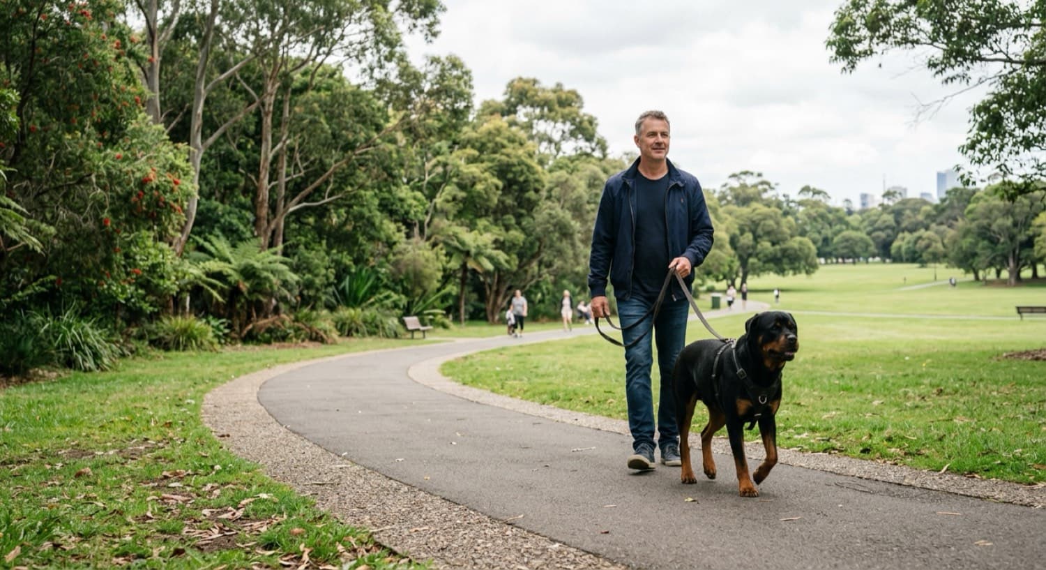 A Rottweiler walking calmly on a loose lead beside its owner on a Brisbane park path, focused and under control, representing a well-socialised, well-trained guardian breed