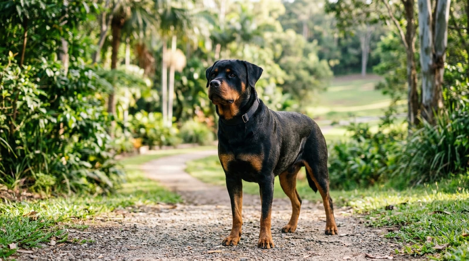 A black-and-tan Rottweiler walking calmly on a loose lead beside its owner on a Gold Coast park path, focused and under control, representing a well-socialised, well-trained guardian breed