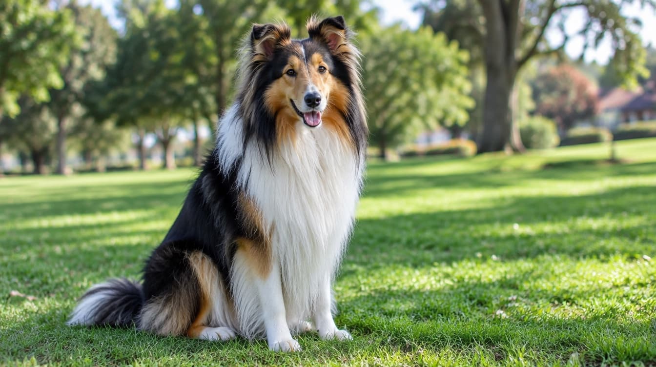 A sable and white Rough Collie with a long coat sitting on grass in a sunny Brisbane park, representing the Collies and Collie crosses available for adoption across Queensland rescues