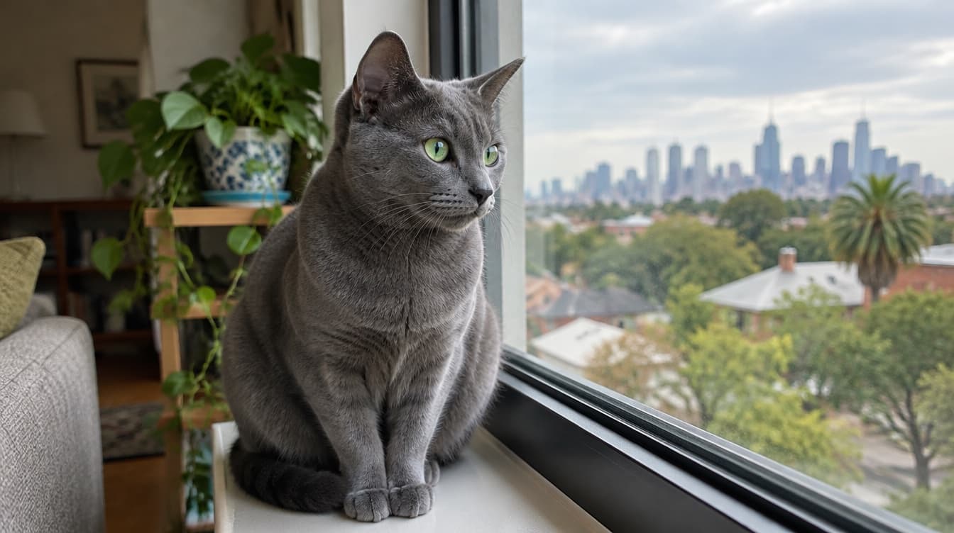 A plush blue-grey Russian Blue cat with green eyes resting by a sunny window in a Perth home, representing the Russian Blue-type cats that occasionally come up for adoption through WA rescues
