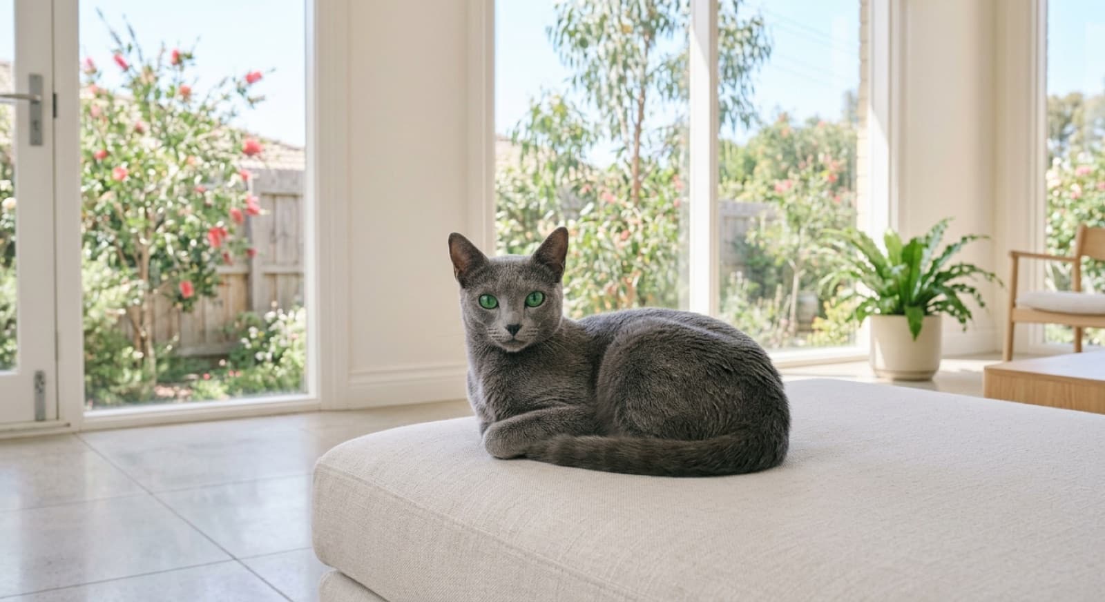 A calm blue-grey Russian Blue cat with a plush low-shedding coat sitting on a clean sofa in a bright, uncluttered Sydney living room, illustrating the low-allergen reputation of the breed