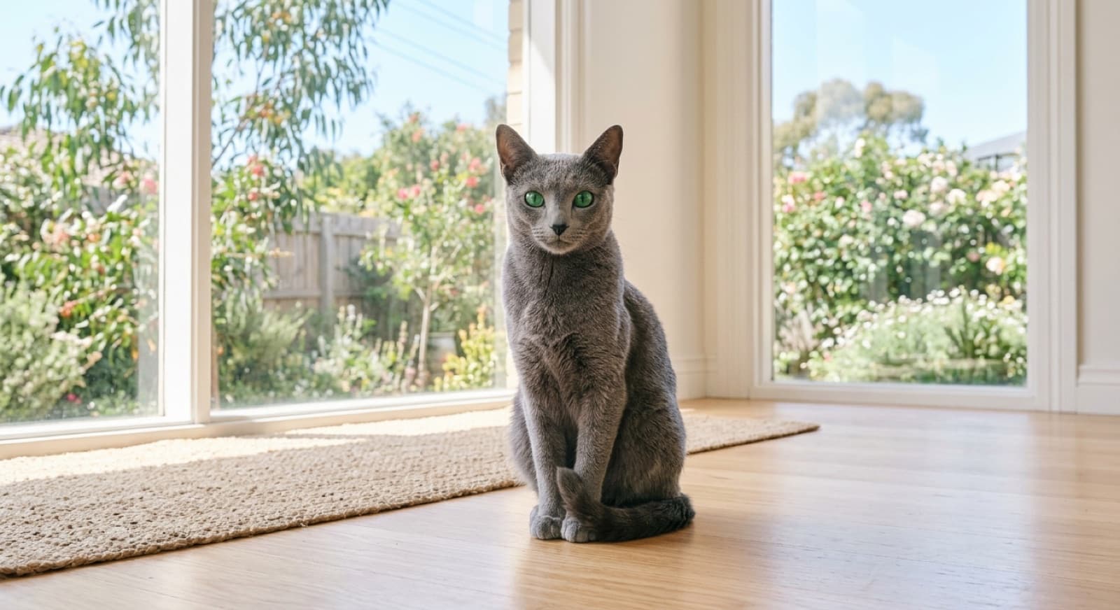 A healthy, lean blue-grey Russian Blue cat with bright green eyes sitting alertly in a bright Sydney living room, illustrating the good condition a well-managed Russian Blue stays in with the right care