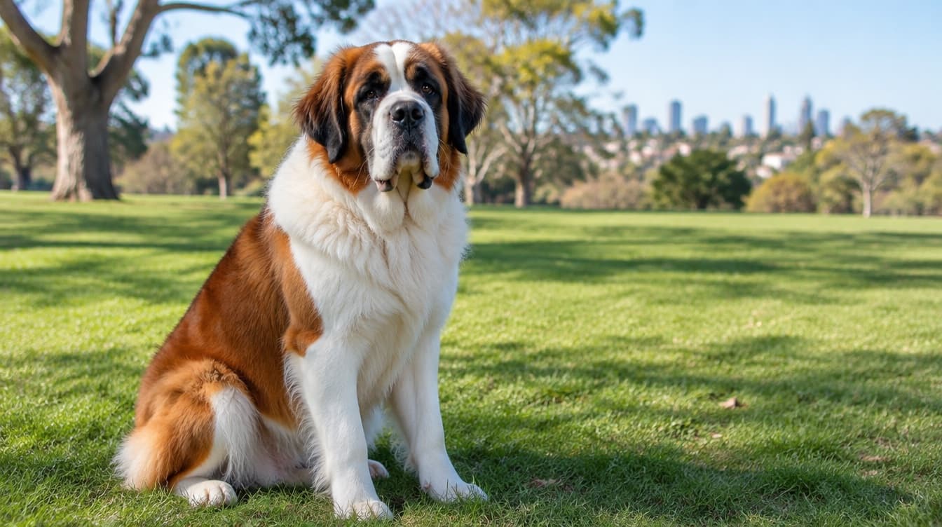 A large red and white Saint Bernard sitting on the grass in a Melbourne park, representing the rescue Saint Bernards available for adoption across Victoria