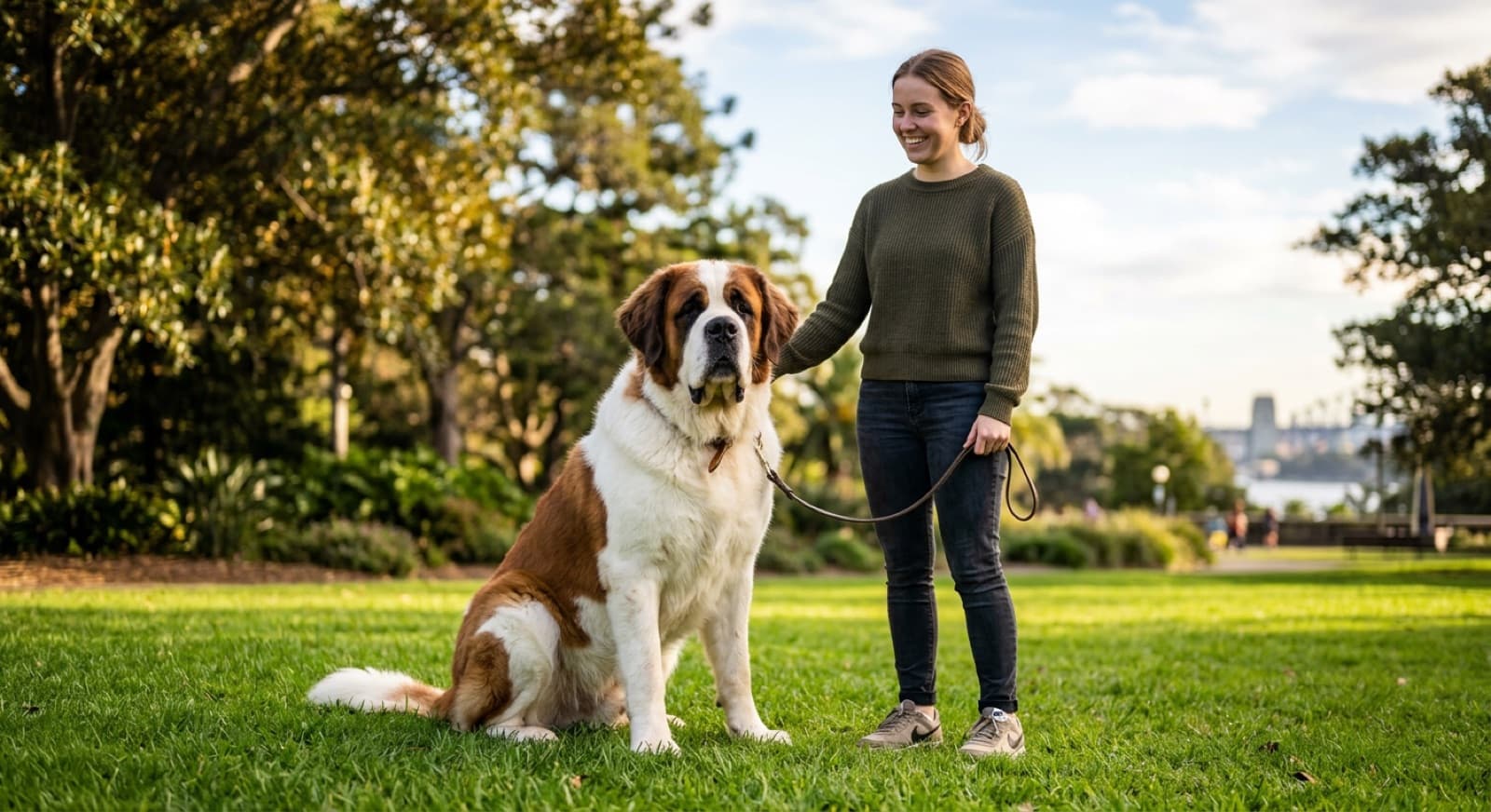 A large red-and-white Saint Bernard with a broad head and gentle expression lying calmly on the grass in a Sydney park, representing the giant alpine rescue breed that turns up for adoption across Sydney and NSW rescues