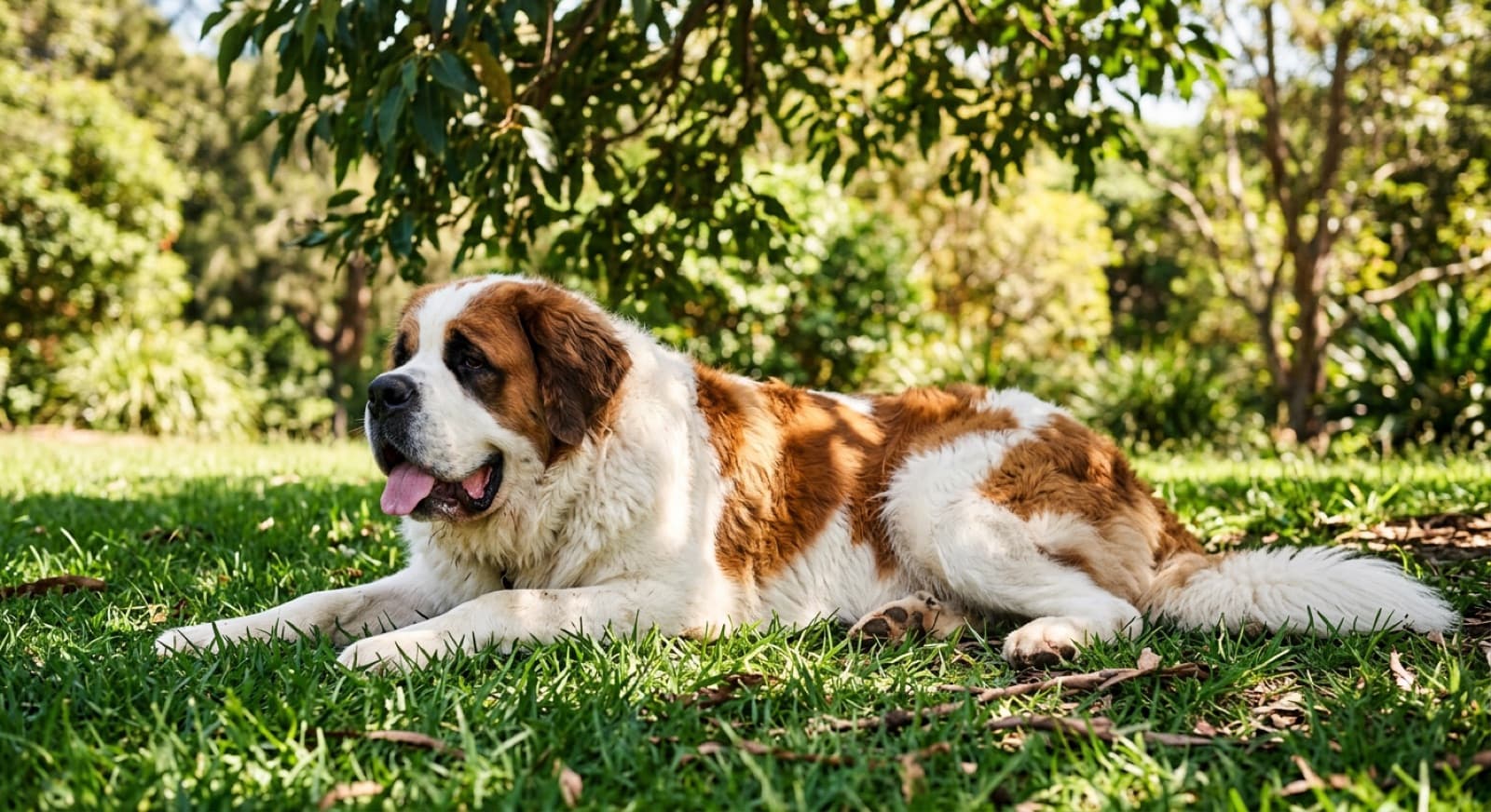 A large Saint Bernard with a thick red-and-white coat and loose jowls resting in the shade on a warm Sydney day, showing the giant build and heavy flews of the breed